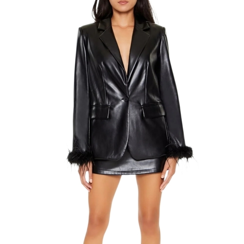 Faux Feather & Leather Black Blazer - Picture 4 of 9